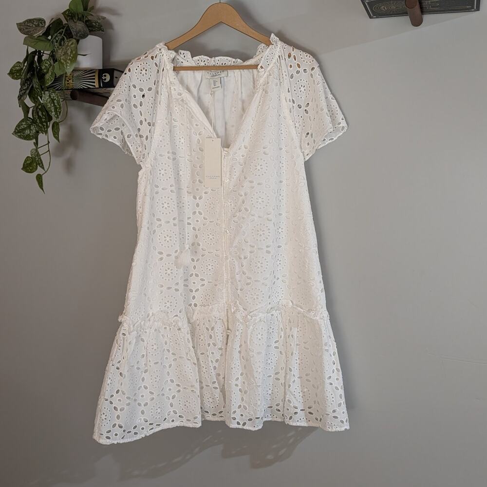 Calypso St. Barth NWT White Cotton Eyelet Tassel Tiered Dress Women's Size L